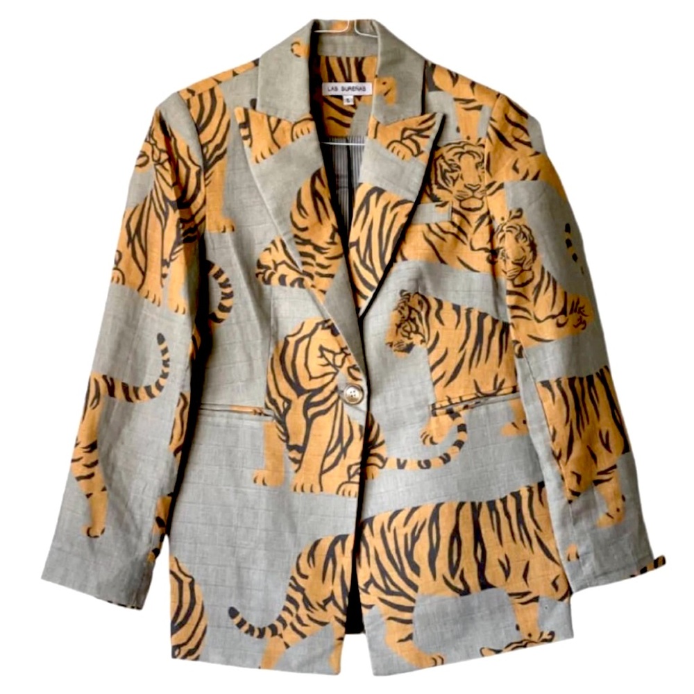 Las Surenas Blazer 100% Organic Cotton Linen, Tiger on Khaki, Sz lg NWOT